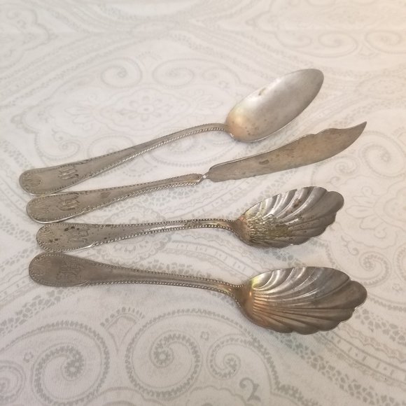 Antique Monogrammed M H Initial Brazil Silver Twisted Butter Knife Sugar Spoons - Picture 1 of 12